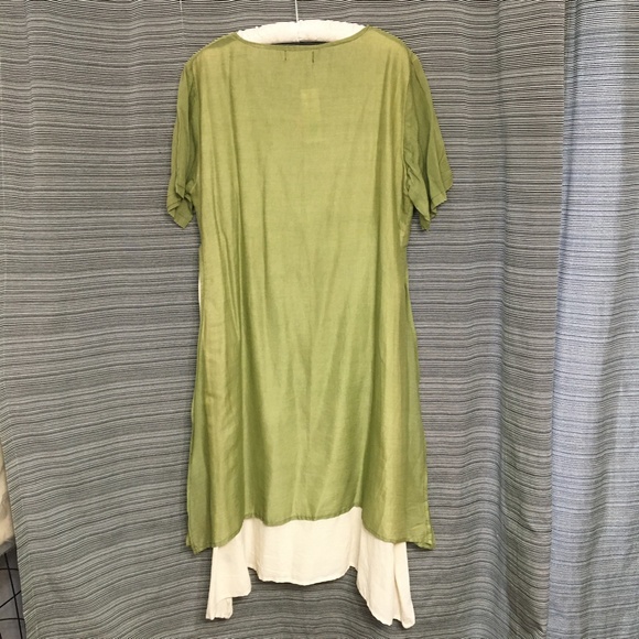Dragonfly Short Sleeve Cotton Dress with Overlay in Green & Cream Size Large - Picture 2 of 12